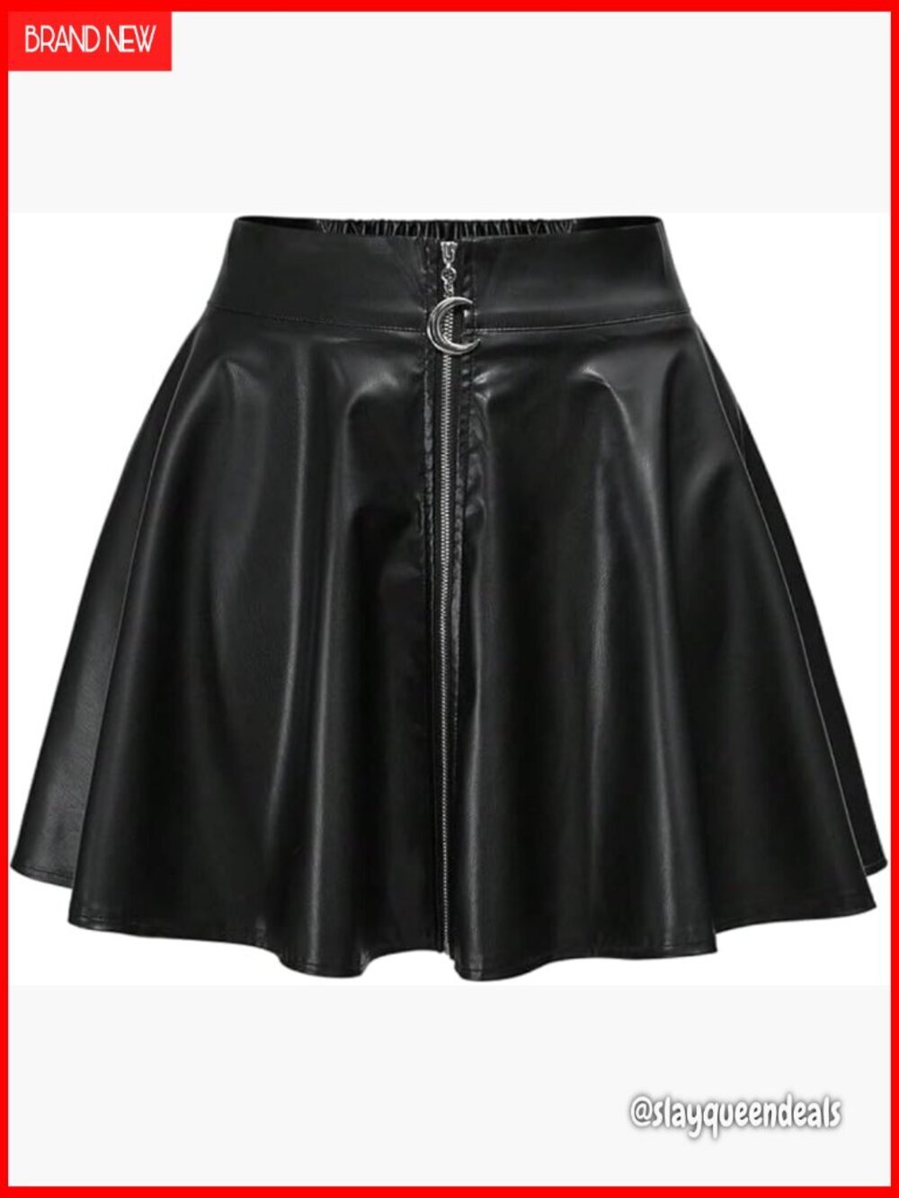 Leather Mini Skirt with Zipper Ruffle Low Rise A-Line Flared Pleated
